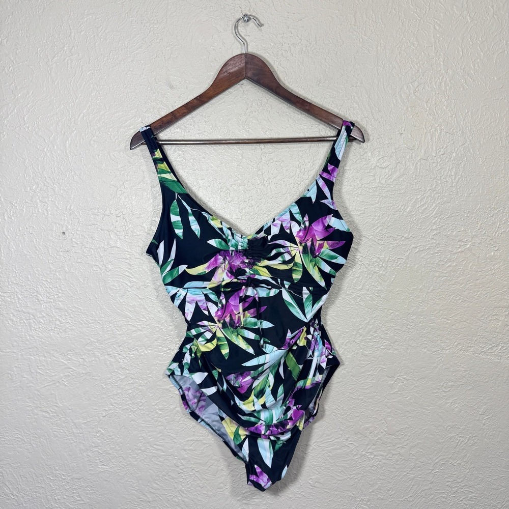 Aqua Green Swimsuit XL One Piece Tropical Floral Slimming Ruched Resort‎ 674145